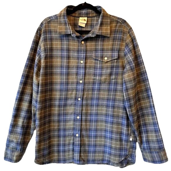 The North Face Mens Large Shirt Button Down Blue White Plaid Heavy Flannel - Picture 2 of 9